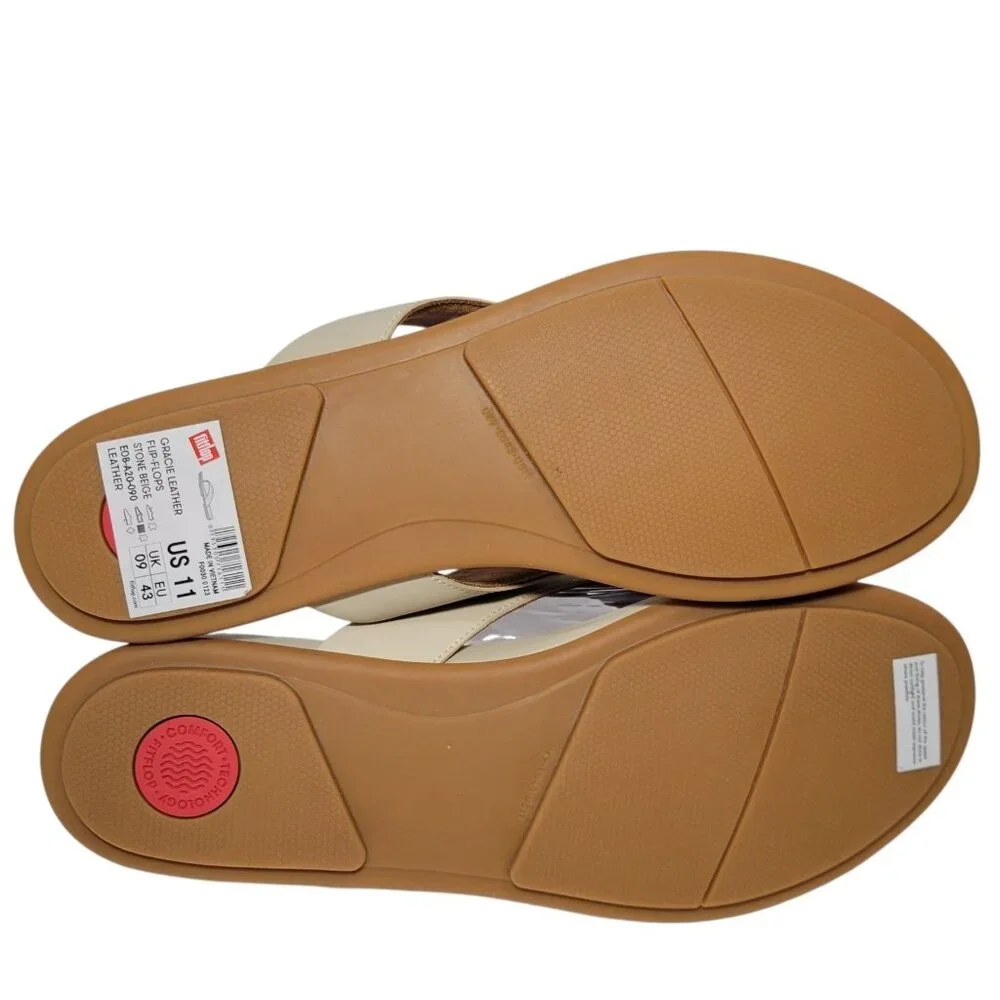 FitFlop Gracie Flip Flop Sandals Women Size 11 Leather Thong Stone Beige Comfort